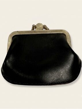 Vintage Black Leather Double Kiss Lock Coin Purse Pouch